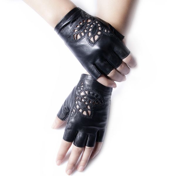 

genuine leather gloves female semi-finger sunscreen motorcycle half finger gloves women short design spring and autumn thin g154, Blue;gray