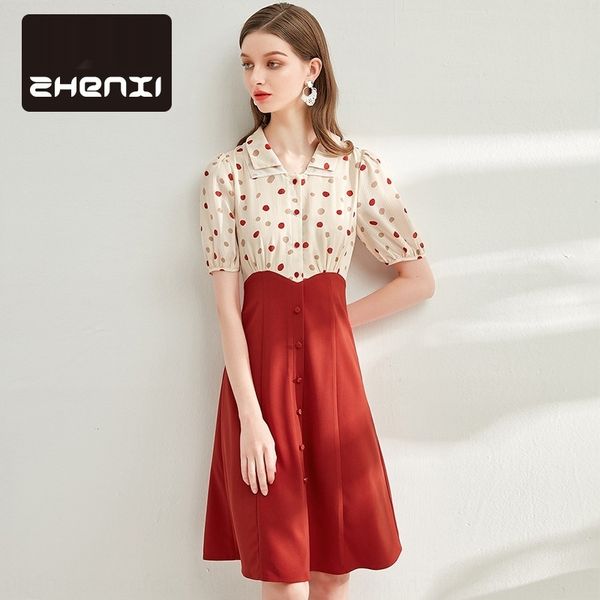 

zhenzhen 2020 new lapel polka dot chiffon stitching high waist fake two-piece shirt shirt dress short sleeve d9531 i6p6f, Black;gray