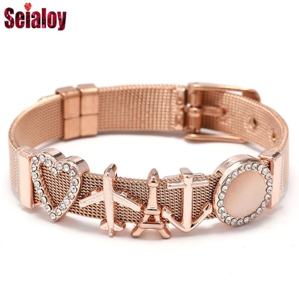 

seialoy fashion stainless steel mesh bracelets for women round crystal heart beaded aircraft anchor charm watch belt bracelet, Golden;silver