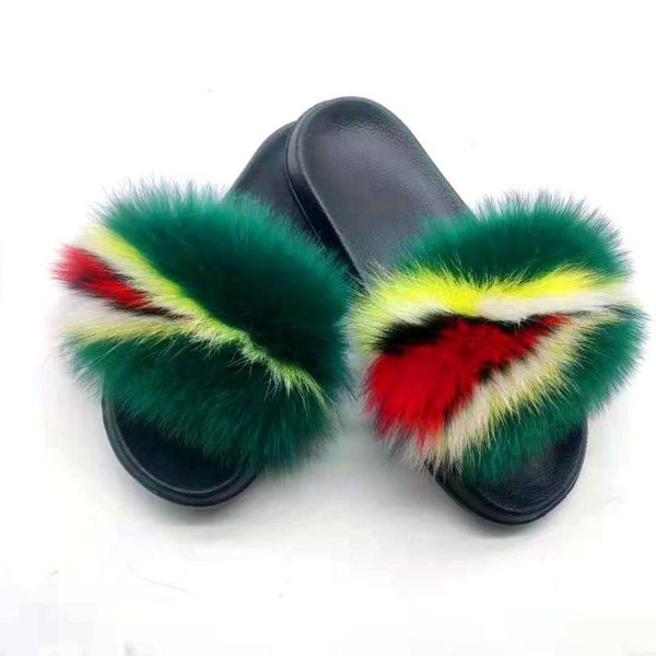 

new women's real fur slippers home furry shoes fluffy plush sandals soft and comfortable eva flip flops size 36-45, Black