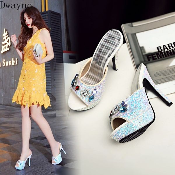 

2020 new sweet style sequin cloth rhinestones with waterproof platform fish mouth cool slippers children, Black