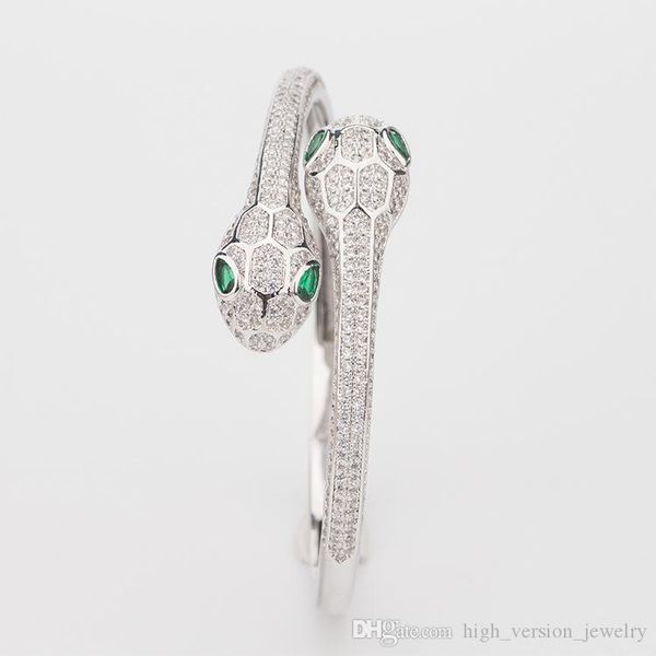 

Women Snake Two Head Open Bracelets Designer Jewelry Luxury Natural Emerald Sterling Silver Woman Elasticity Animal Bangle Wedding Jewelry
