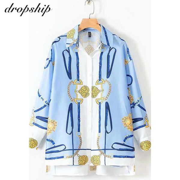 

women's blouses & shirts turn down collar long sleeve chiffon chain print women button open 2021 loose summer elegant female blouse blu, White