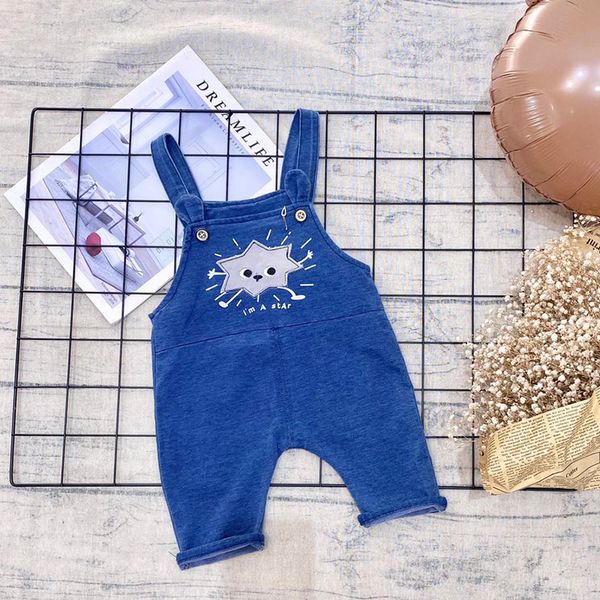 

2020 baby overalls solid color denim jumpsuit cute cartoon pattern 95% cotton childrens casual pants, Blue