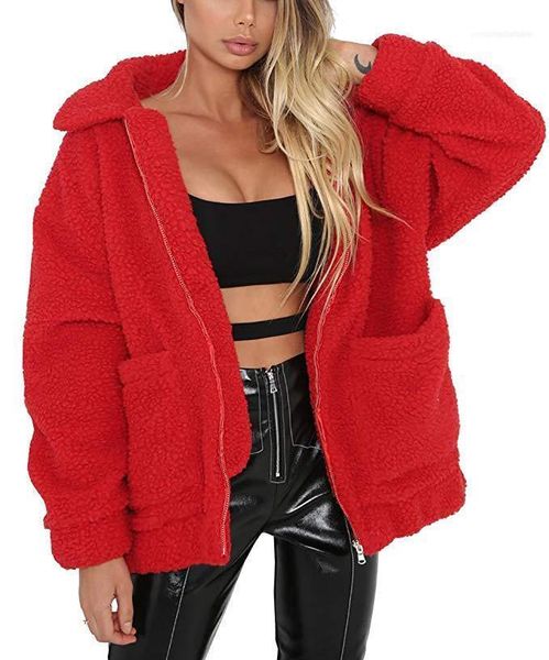 

casual apparel faux fur womens winter designer coats long sleeve solid color lapel neck zipper female outerwear warm style, Black