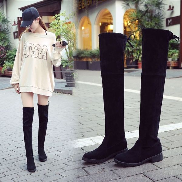 

2020 spring/autumn flock over-the-knee lace-up over knee boots round toe increased suede women's boots 165846, Black