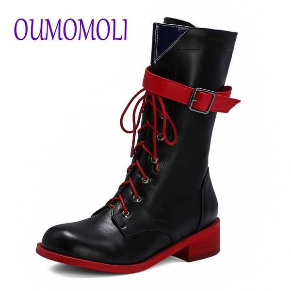 

boots women mid-calf women's fashion buckle shoes woman leather strap ladies chunky heels female punk rome footwear v134, Black