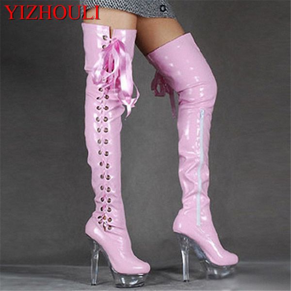 

15cm high-heeled shoes crystal cutout boots lacing over-the-knee platform boots thigh high for women 6 inch ladies, Black