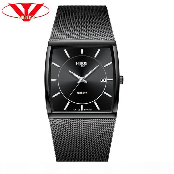 

nibosi creative brand luxury mens square quartz watch male waterproof date clock stainless steel mesh business men wrist watch, Slivery;brown