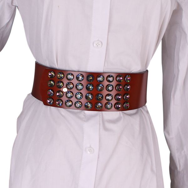 

2020 new fashion wild rhinestone snap leather super wide belt women, Black;brown