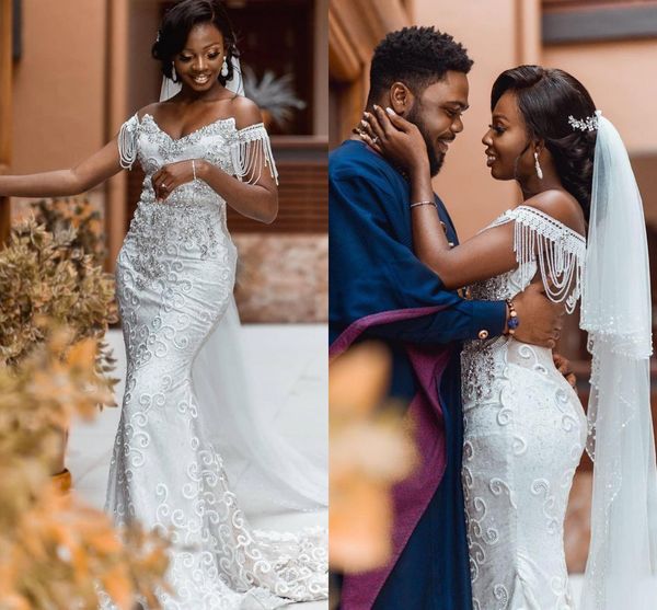 

luxurious crystals beaded arabic dubai wedding dresses 2021 off the shoulder tassels mermaid bridal gown long lace robes de mariÃ©e al6911, White