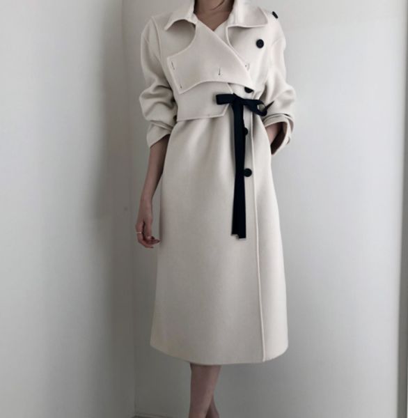 

korean women winter long warm woolen coat beige color bow die single breast wool winter clothing, Black