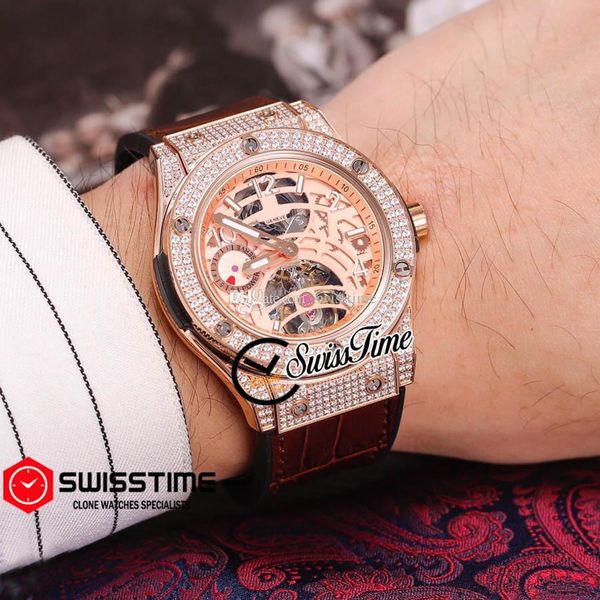

sale rose gold diamond case gold skeleton tourbillon automatic mens watch brown leahter rubber strap watches swisstime g03a4, Slivery;brown