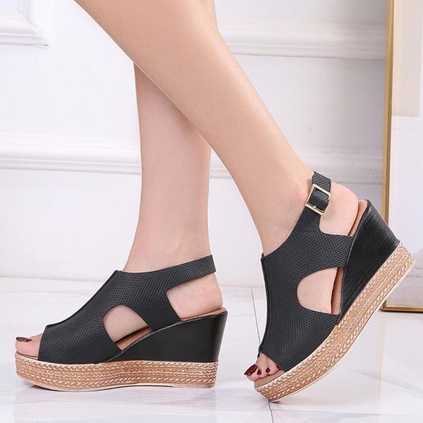 

summer buckle women's sandals fish mouth fashion high heel platform open toes gladiator sandal ladies leather wedges shoes black