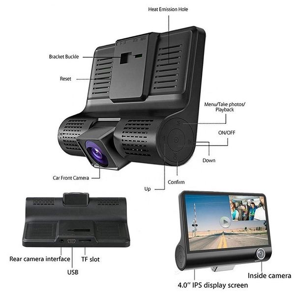 Freeshipping HD Night Car Dvr Dash Cam Videoregistratore da 4,0 pollici Auto Camera 3 Obiettivo della fotocamera con telecamera posteriore Registrator Dashcam DVR