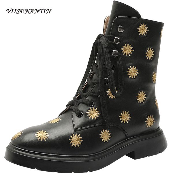 

flat platform chunky sole embroidered lace-up ankle motorcycle boots round toe mid heel genuine leather multi color shoes women, Black