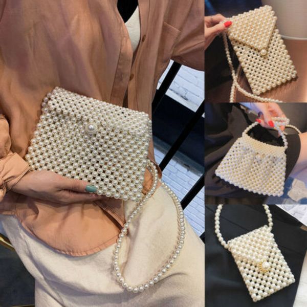

Women's Handmade Woven Pearl White Beaded Lipstick Hot Cell Phone Pocket Women Shoulder Bag Handbags