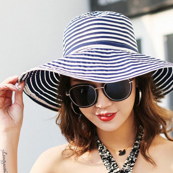 

lady hat отдых sunhat полосатый бабочка-узел sunhat солнцезащитный summer rim hat женский, Blue;gray