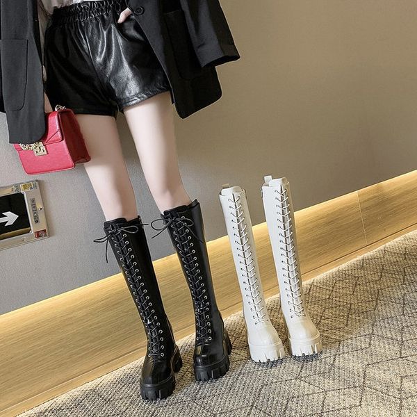 

chunky platform pu leather knee high fashion boots women retro punk height increasing long boots woman lace up booties comfortable simple, Black