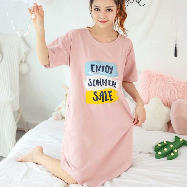 

women's sleepwear nightgown summer thin section short sleeve pajamas korean-style fresh students large size-outer wear mid-length home, Black;red