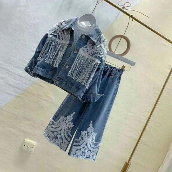 

2020 korean style girls denim tassel coat full sleeve autumn girls coat, Blue;gray