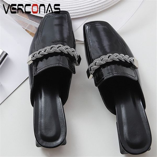 

verconas 2020 fashion mules woman sandals woman pumps new arrival crystal decoration square toe square high heeled shoes, Black
