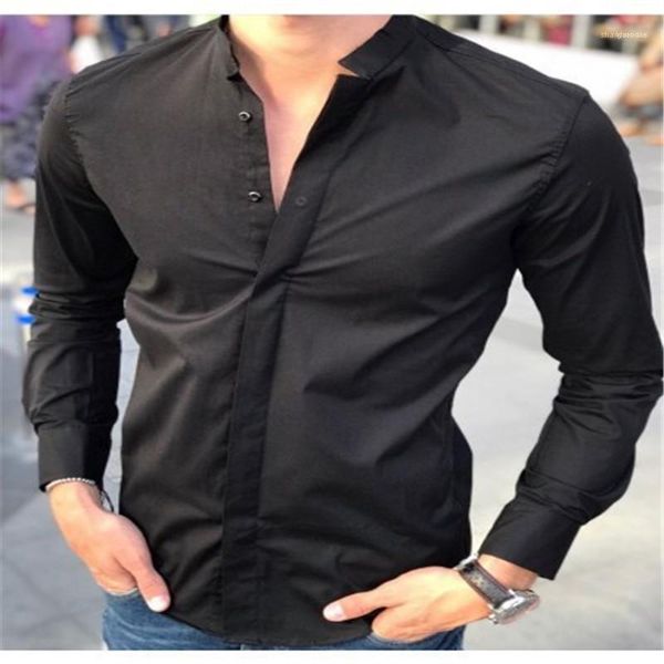 

fashion mens clothing mens designer casual tshirts solid color single breasted mandarin collar long sleeve, White;black