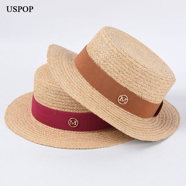 

uspop 2020 summer flat raffia hats woemn straw hats short brim sun beach letter m ribbon panama, Blue;gray