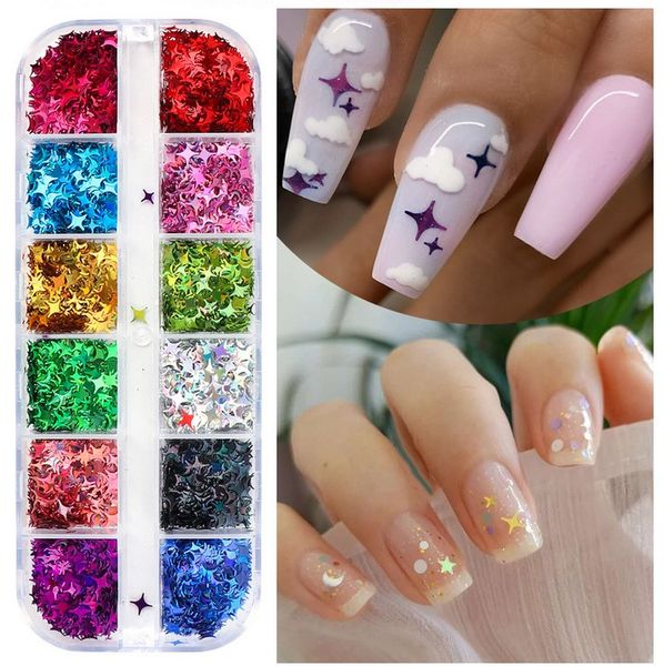 

holographic laser nail art tetragonal star fantasy nail art super thin 3d nail decorations 12 grid square box pack, Black