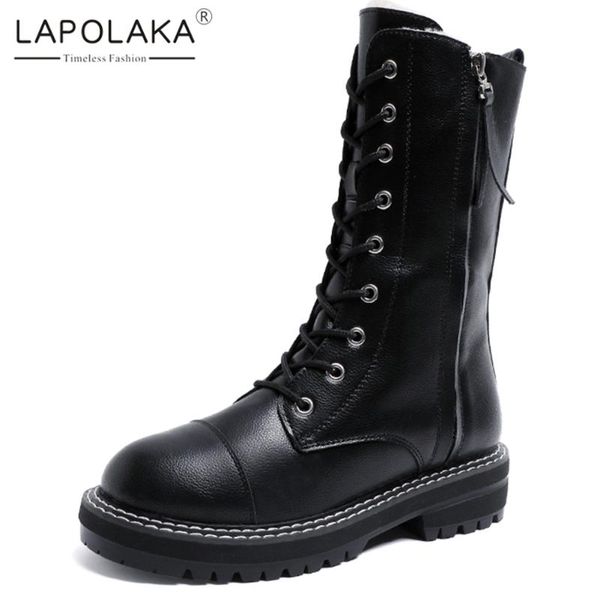 

lapolaka 2020 new fashion chunky heels mid calf boots woman shoes zip up add fur autumn winter boots women shoes woman, Black