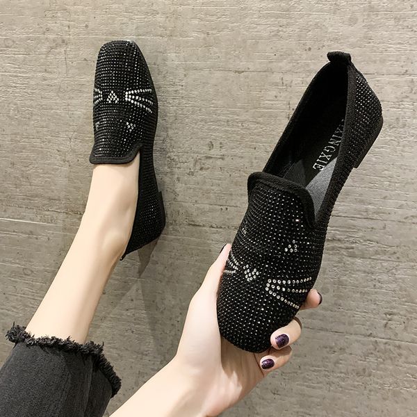 

2020 spring women loafers bling slip on flat shoes cat boat shoes square toe flats woman casual female zapatos mujer 7939l, Black
