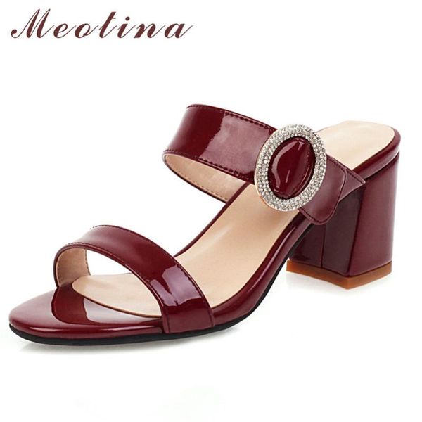 

meotina women slippers crystal high heel slides female round toe thick heels shoes ladies buckle summer sandals beige size 46, Black