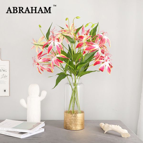 

73cm 3 heads pu lily bouquet artificial lilies flowers fake renanthera floral false orchid branch for home wedding party decor