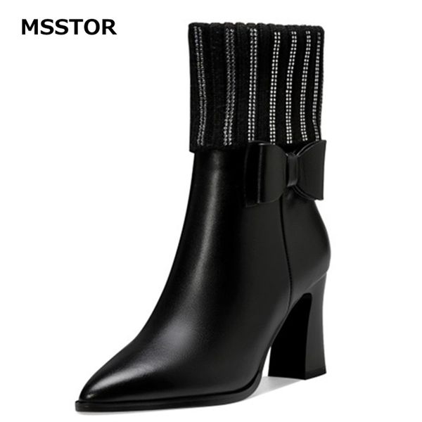 

mixed colors ankle boots black pointed toe butterfly-knot zipper leather high heel boots women casual party winter shoes
