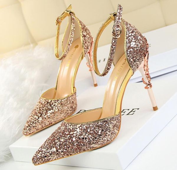 

fashionn sexy тонкие высокие каблуки сандалии металла высокого сияющий блестки лодыжки ремень сандалии заостренным одноступенчатые насосы ol, Black