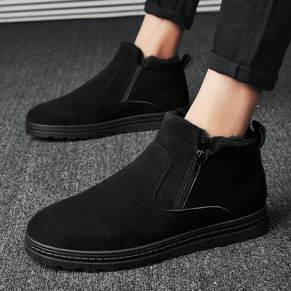 

boots winter warm men ankle fur plush snow round zipper shoes male british style big size hx-204, Black