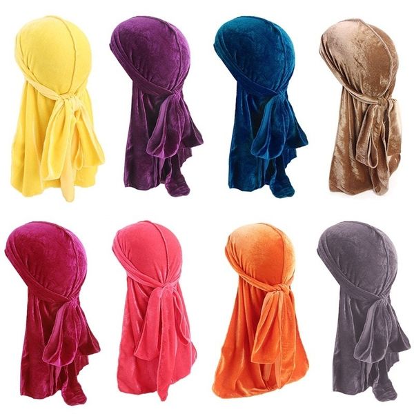 

women muslim scarf hat solid color velvet women hijabs turban hat long tail pirate cap islamic head wear, Blue;gray