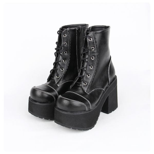 

boots fashion women leather platform short ladies black shoes punk autumn high heels lace-up thick bottom wedge