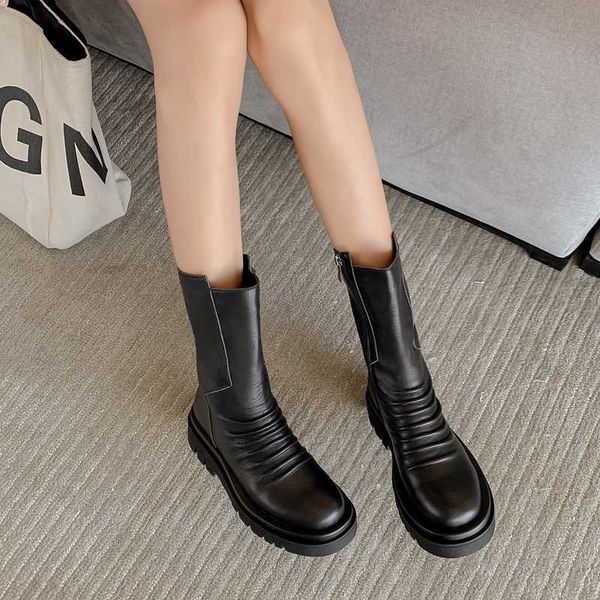 

retro genuine leather women mid-calf boots winter thick high heels ladies boots party casual shoes woman, Black