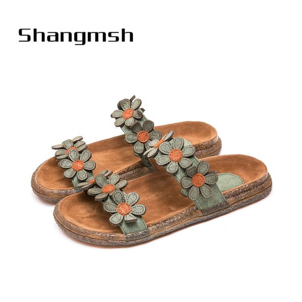 

summer women shoes flat platform slipper genuine leather handmade flower cover toes comfortable women slides 8251, Black