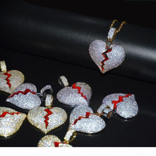 

iced out broken red oil heart necklace pendant with 4mm tennis chain gold silver color charms chain jewelry
