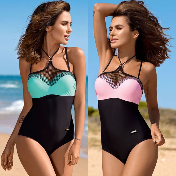 

splice one piece swimsuit lace plus size swimwear women 2020 push up bathing suit pink summer beachwear mesh halter black