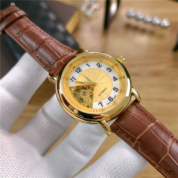

business gold diamond fashion leather belt men automatic mechanical watch swiss made men watches exquisite mens gift, Slivery;brown