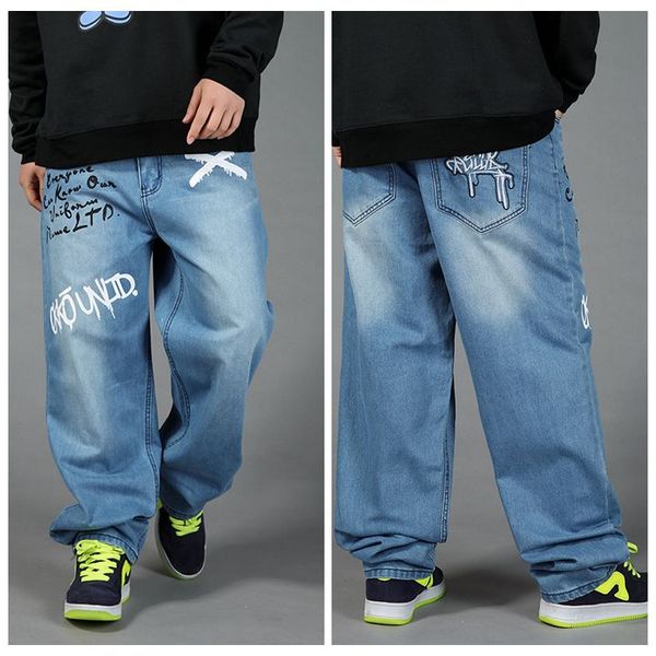 

plus size denim straight jeans trousers hiphop pants casual male loose plus size straight long jeans hip hop big long trousers, Blue