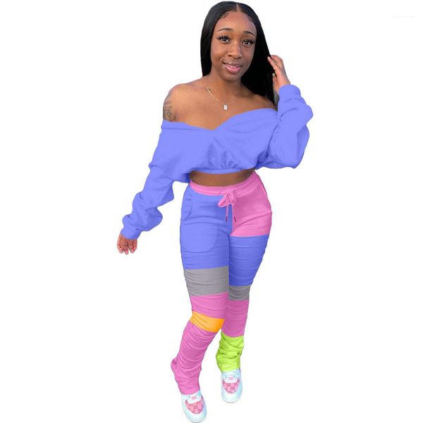 

designer spring autumn high waist tracksuits women 2pcs suits pullover batwing sleeve long patchwork pants clothing sets, White