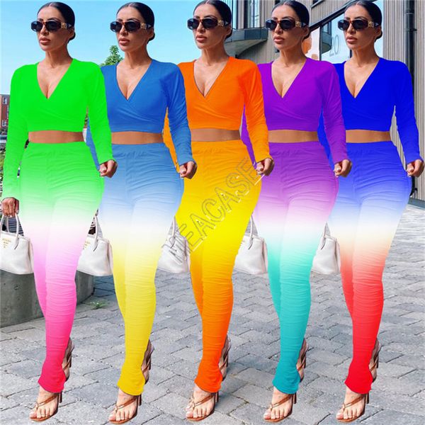 

designers clothes gradient women tracksuit casual hoodies leggings pleated trousers v-neck long sleeve crop pants outfits s-4xl d81701, White