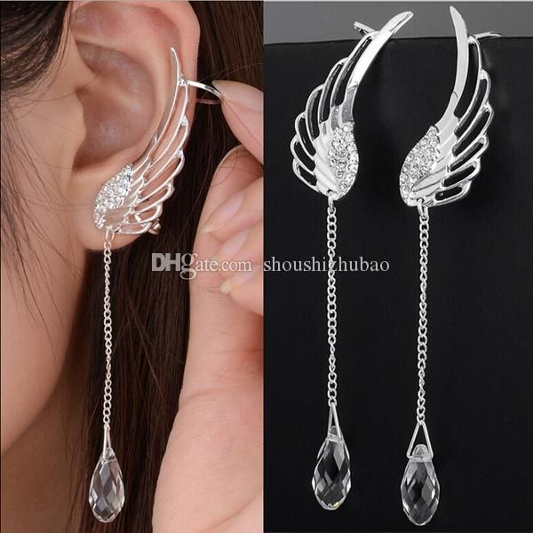 

2019 angel wing stylist crystal earrings drop dangle ear stud for women long cuff earring, Golden;silver