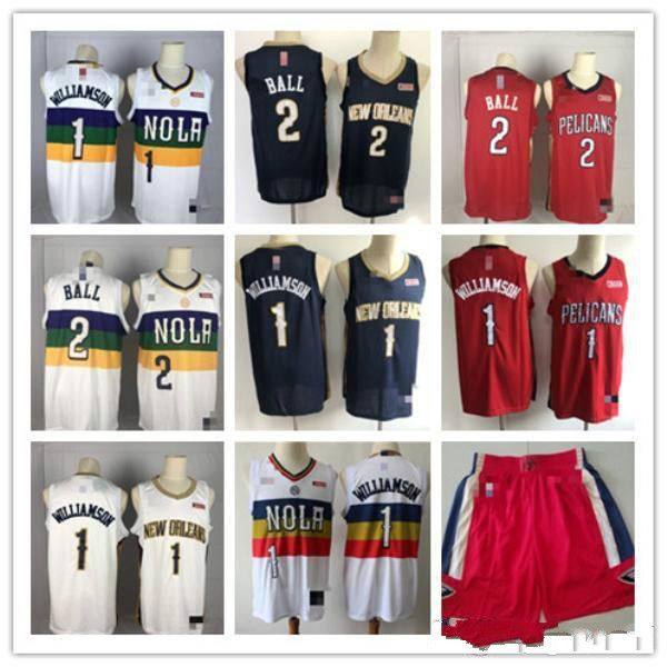 

mens new orleans pelicans 1 zion williamson 2 lonzo ball red white navy basketball shorts basketball jerseys, Black;red