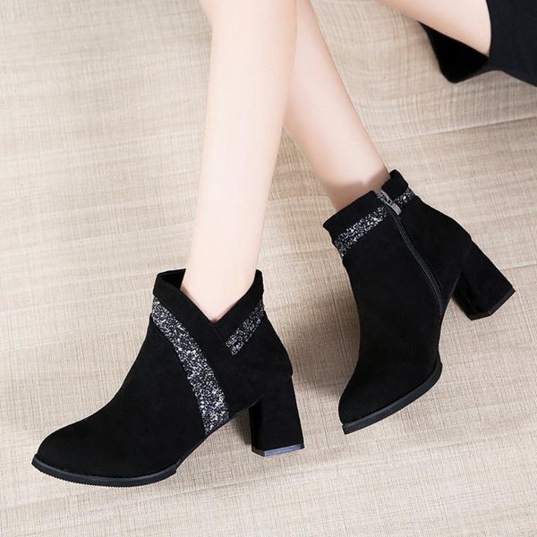 

women's solid color square high heels zipper suede warm snow boots round head suede side with snow boots 2020#3, Black