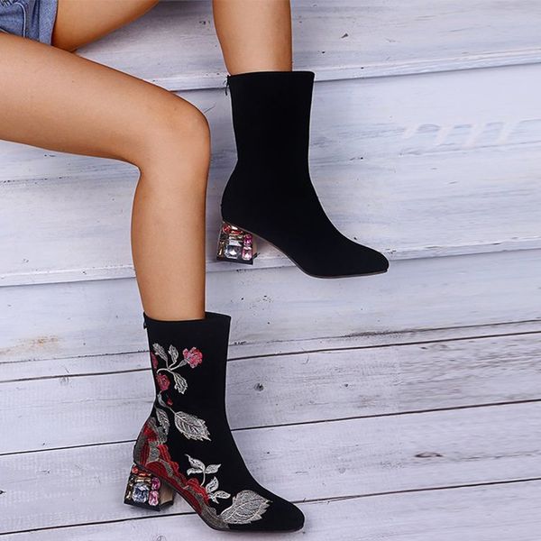 

большого размер сапоги до середины икр вышитых zipper дамы nude загрузочной осени женских площади красочного каблук dropshipping женских, Black